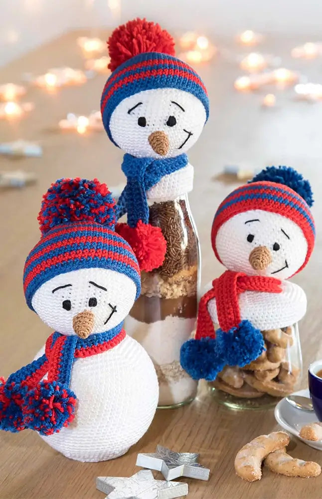 Schneemann und Schneemannköpfe für Geschenkgläser (Häkelset)