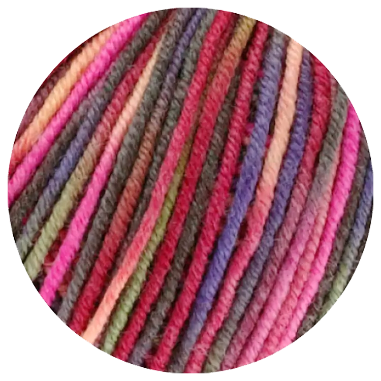 #Farbe_Lana Grossa Cool Wool Print | 749 Weinrot/Pink/Gelbgrün/Blauviolett/Lachs/Mokka