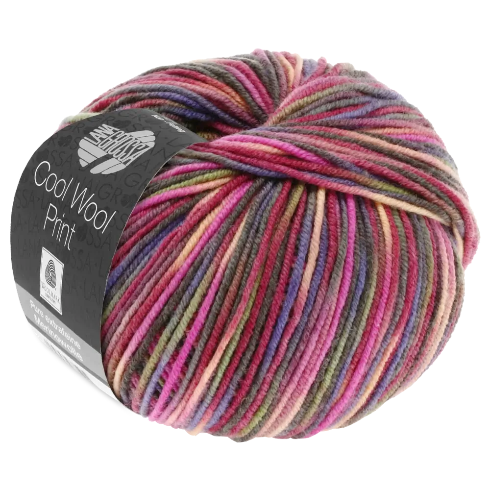 #Farbe_Lana Grossa Cool Wool Print | 749 Weinrot/Pink/Gelbgrün/Blauviolett/Lachs/Mokka