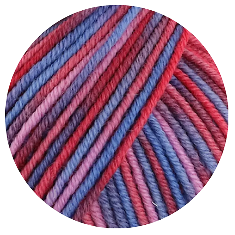 #Farbe_Lana Grossa Cool Wool Print | 836 Tomate/Fliederrosa/Tauben-/Veilchenblau/Wein-/Dunkelrot