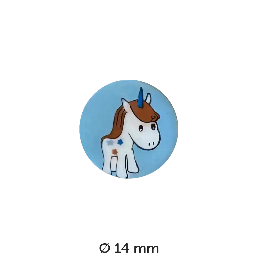 #Modell_Dill Kinderknopf | 241226 Hellblaues Einhorn 14 mm